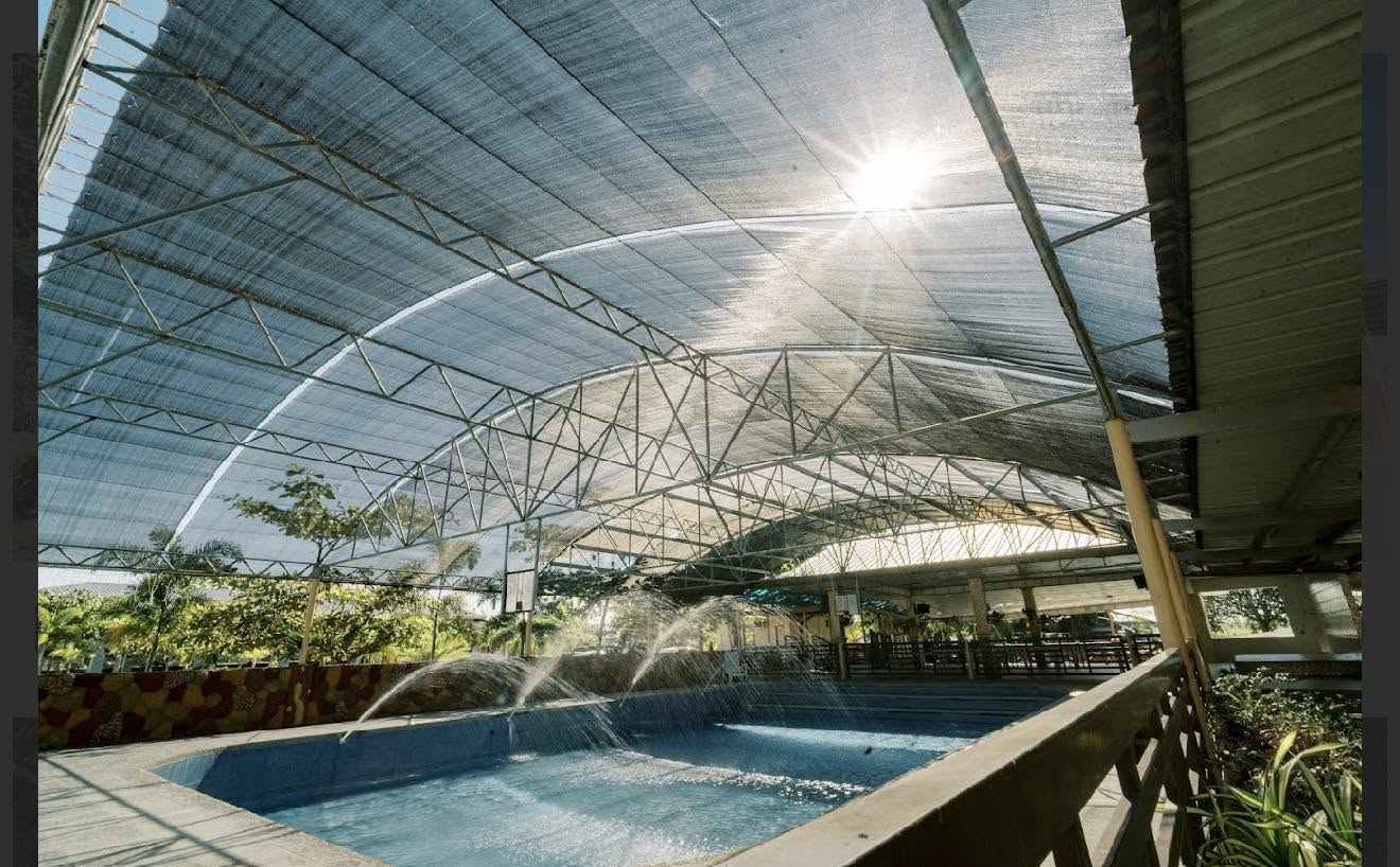 Covered swimming pool with water fountains
